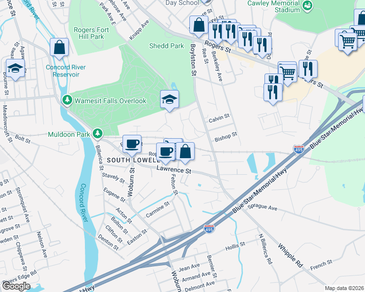map of restaurants, bars, coffee shops, grocery stores, and more near 96b Roper Street in Lowell