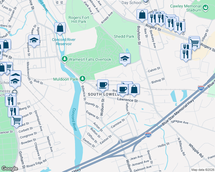 map of restaurants, bars, coffee shops, grocery stores, and more near 42 Epping Street in Lowell