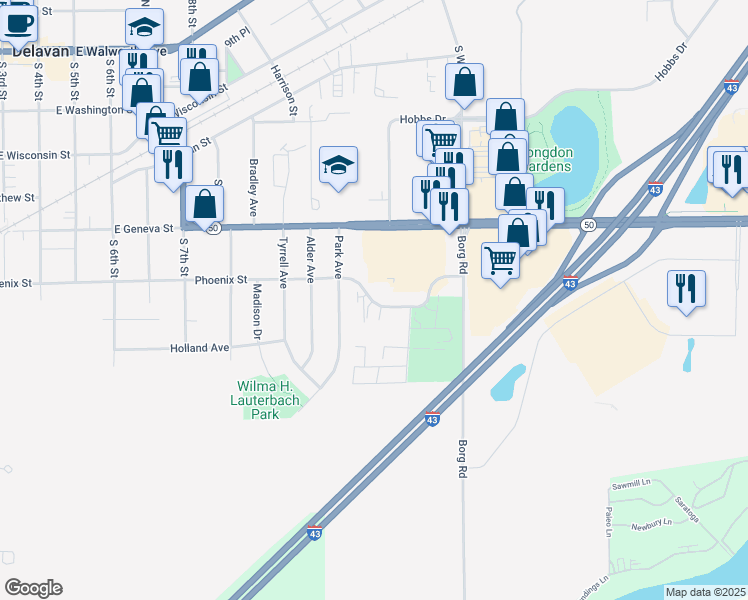 map of restaurants, bars, coffee shops, grocery stores, and more near 1101-1199 Phoenix Street in Delavan