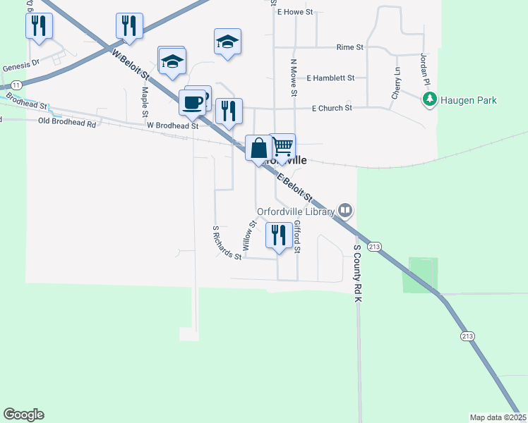 map of restaurants, bars, coffee shops, grocery stores, and more near 205 South Wright Street in Orfordville