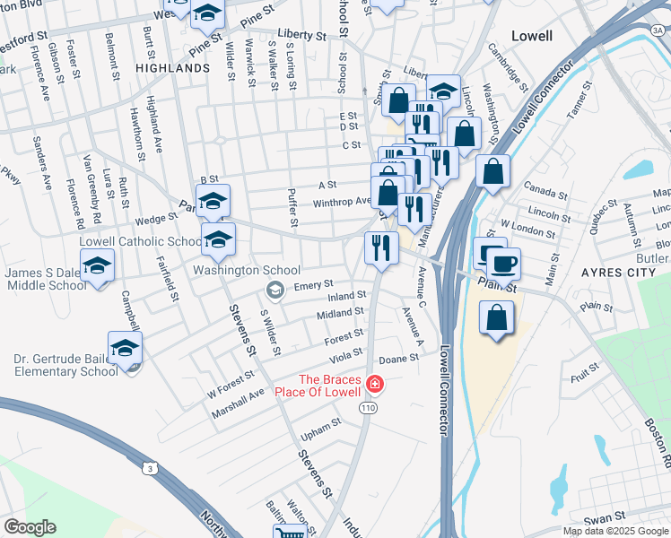 map of restaurants, bars, coffee shops, grocery stores, and more near 14 Fairlawn Street in Lowell