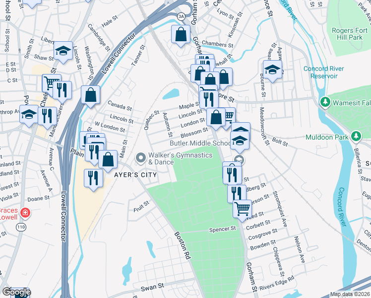 map of restaurants, bars, coffee shops, grocery stores, and more near 75B Manchester Street in Lowell