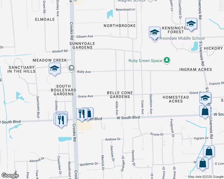 map of restaurants, bars, coffee shops, grocery stores, and more near 3738 Alida Avenue in Rochester Hills