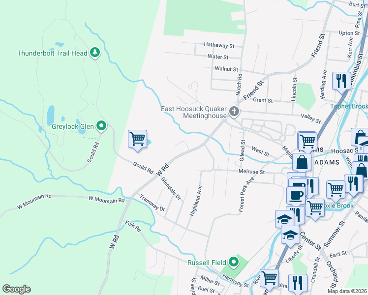 map of restaurants, bars, coffee shops, grocery stores, and more near 13 West Road in Adams