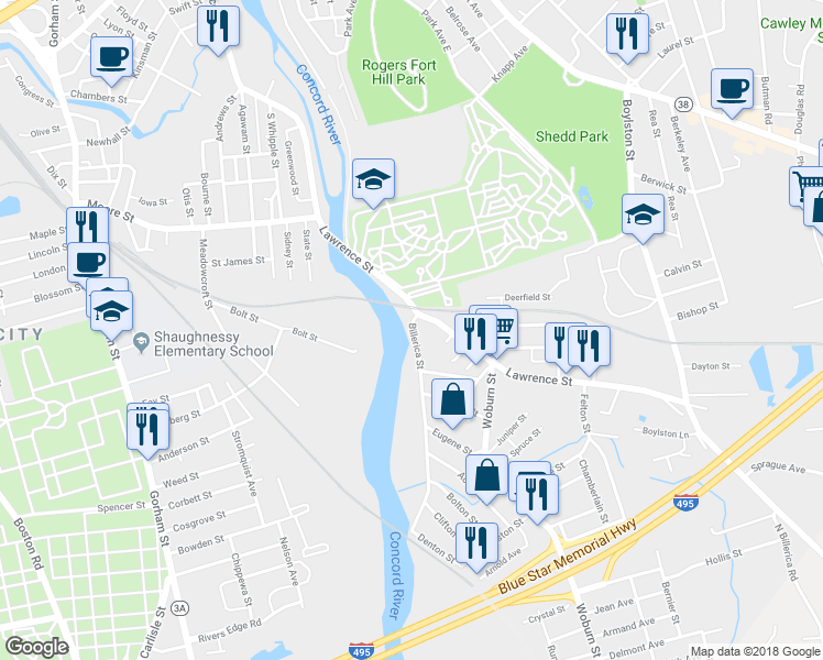 map of restaurants, bars, coffee shops, grocery stores, and more near 19 Billerica Street in Lowell