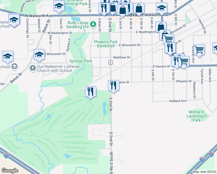 map of restaurants, bars, coffee shops, grocery stores, and more near 602 County Road O in Delavan