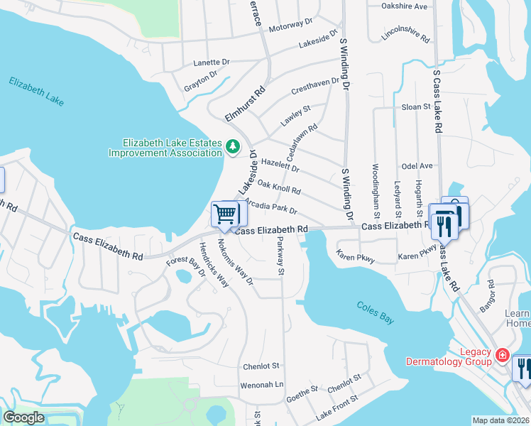 map of restaurants, bars, coffee shops, grocery stores, and more near 4033 Arcadia Park Drive in Waterford Township