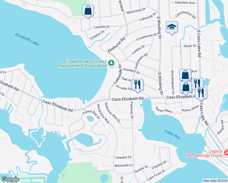 map of restaurants, bars, coffee shops, grocery stores, and more near 949 Lakeside Drive in Waterford Township