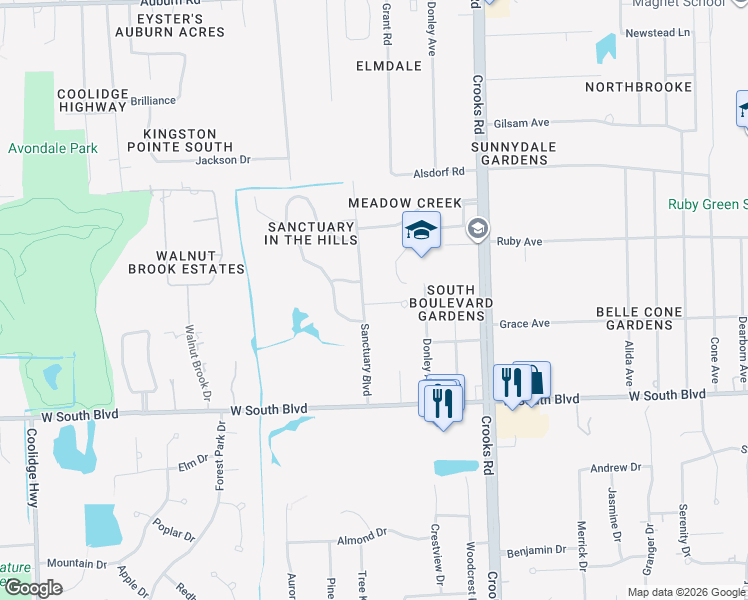 map of restaurants, bars, coffee shops, grocery stores, and more near 2222 Sanctuary Court in Rochester Hills