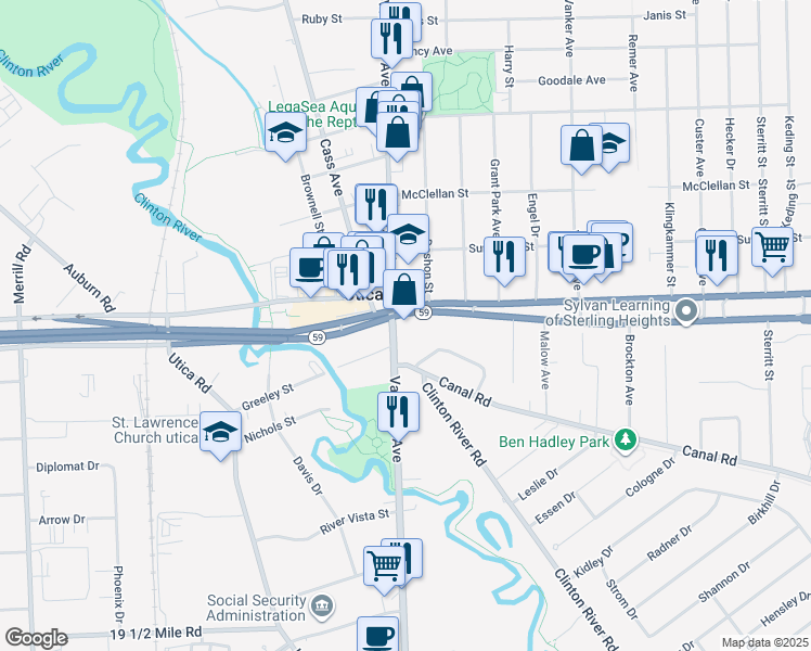 map of restaurants, bars, coffee shops, grocery stores, and more near 8100 Hall Road in Utica