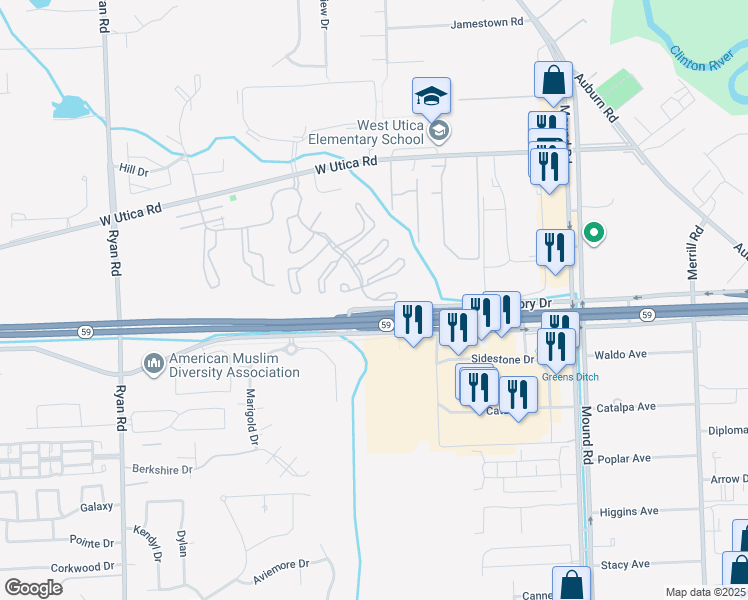 map of restaurants, bars, coffee shops, grocery stores, and more near 45050 Oak Hill Boulevard in Macomb County