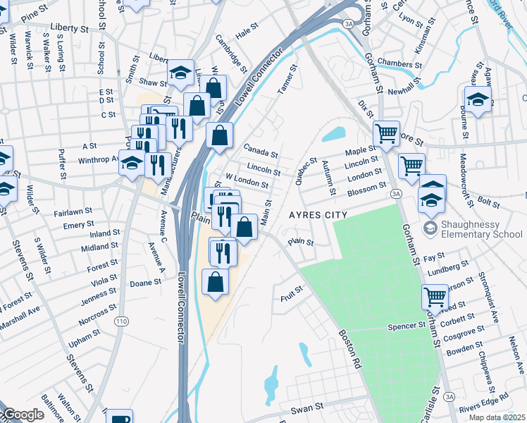 map of restaurants, bars, coffee shops, grocery stores, and more near 250R West Manchester Street in Lowell