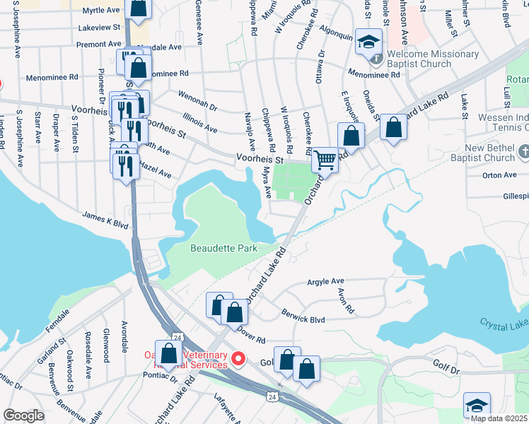 map of restaurants, bars, coffee shops, grocery stores, and more near 56 Sylvan Court in Pontiac