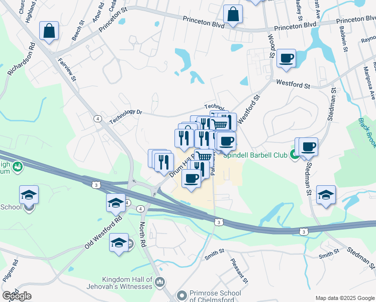 map of restaurants, bars, coffee shops, grocery stores, and more near 172-244 Drum Hill Rd in North Chelmsford
