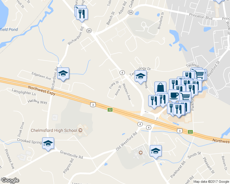 map of restaurants, bars, coffee shops, grocery stores, and more near 9 Anna Street in Chelmsford