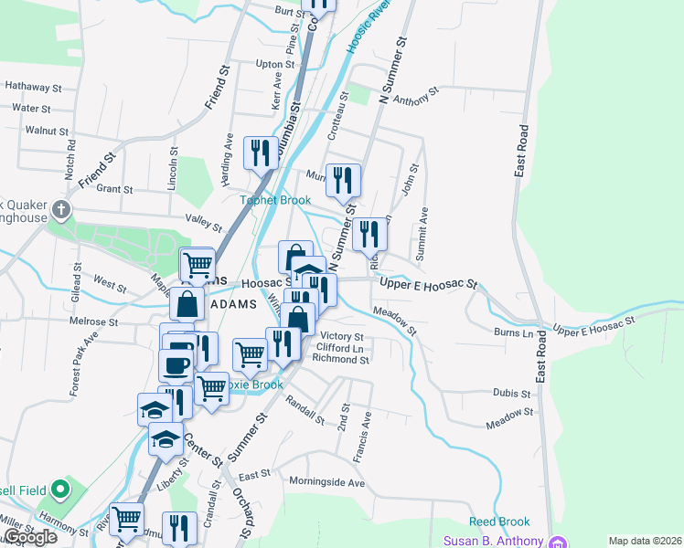 map of restaurants, bars, coffee shops, grocery stores, and more near 4 North Summer Street in Adams