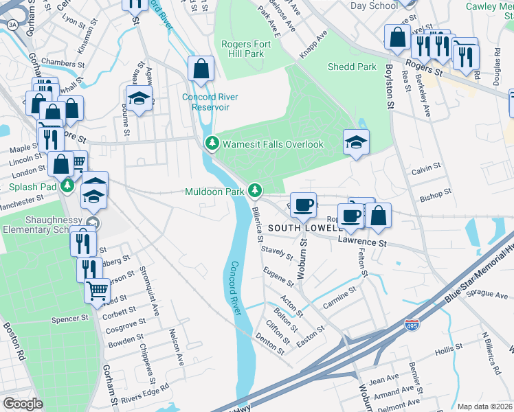 map of restaurants, bars, coffee shops, grocery stores, and more near 10 Billerica Street in Lowell