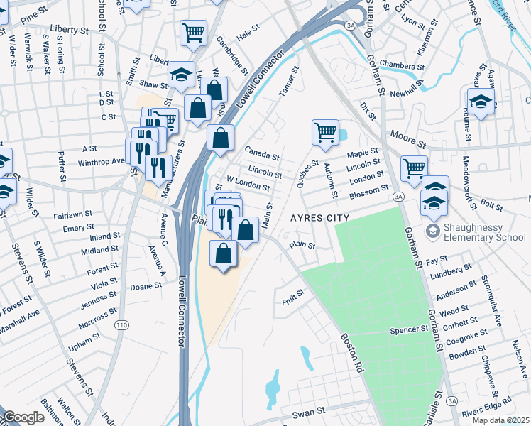 map of restaurants, bars, coffee shops, grocery stores, and more near 250R West Manchester Street in Lowell