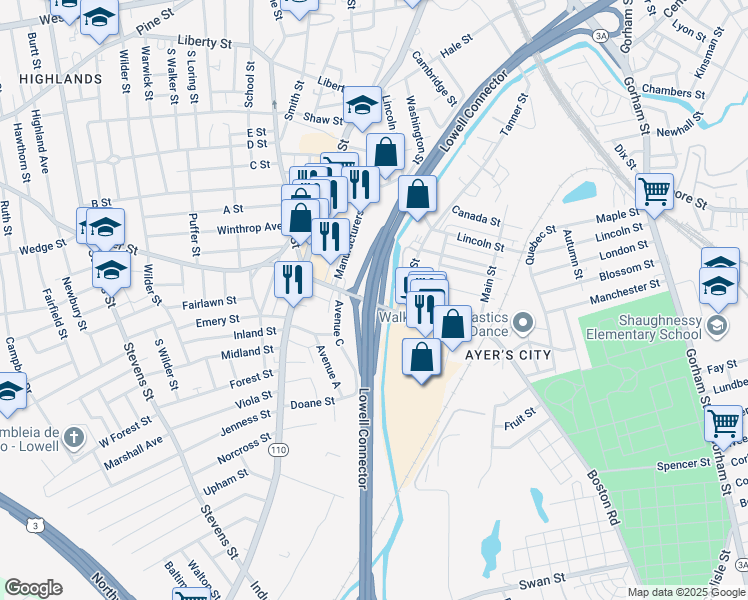map of restaurants, bars, coffee shops, grocery stores, and more near 124-130 Plain Street in Lowell