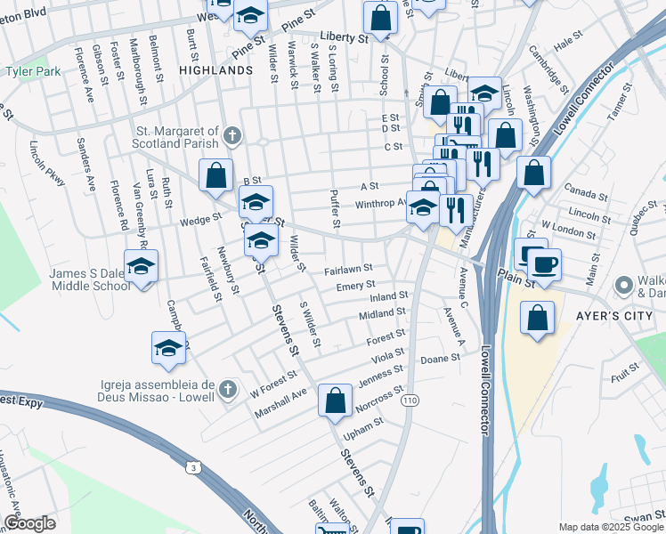 map of restaurants, bars, coffee shops, grocery stores, and more near 32 Frank Terrace in Lowell
