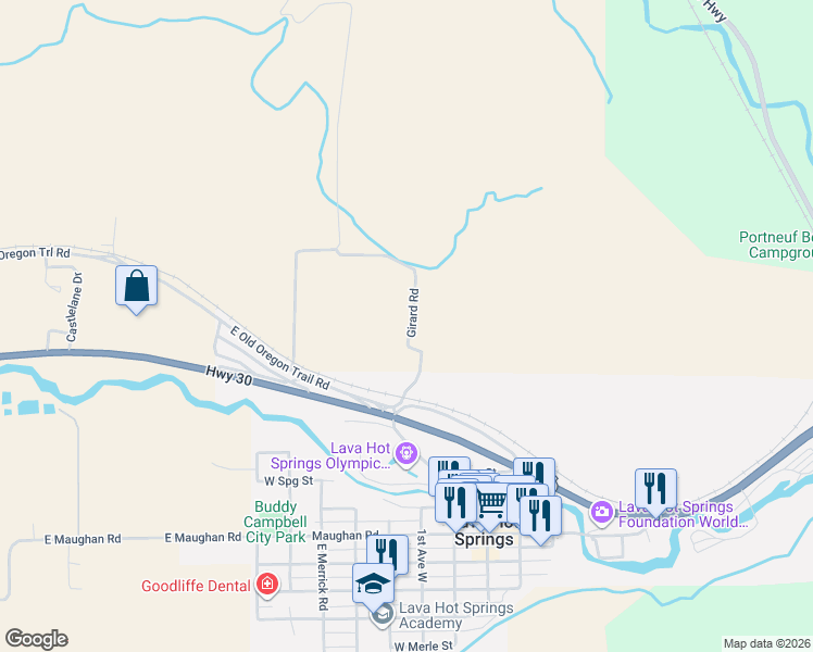 map of restaurants, bars, coffee shops, grocery stores, and more near 10384-10398 Girard Road in Lava Hot Springs