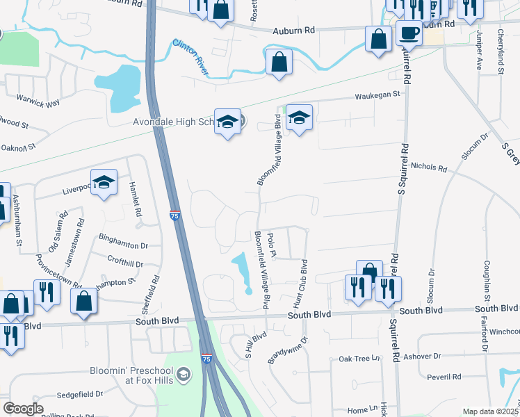 map of restaurants, bars, coffee shops, grocery stores, and more near 580 Bloomfield Village Boulevard in Auburn Hills