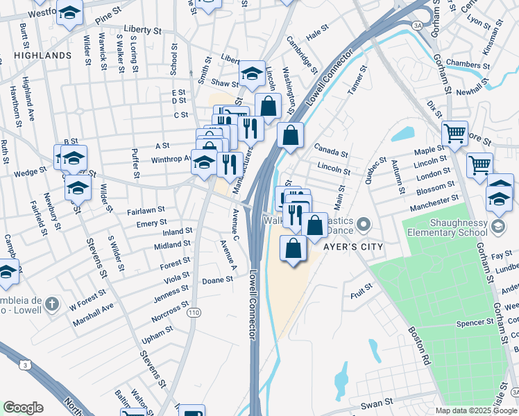 map of restaurants, bars, coffee shops, grocery stores, and more near Lowell Connector in Lowell