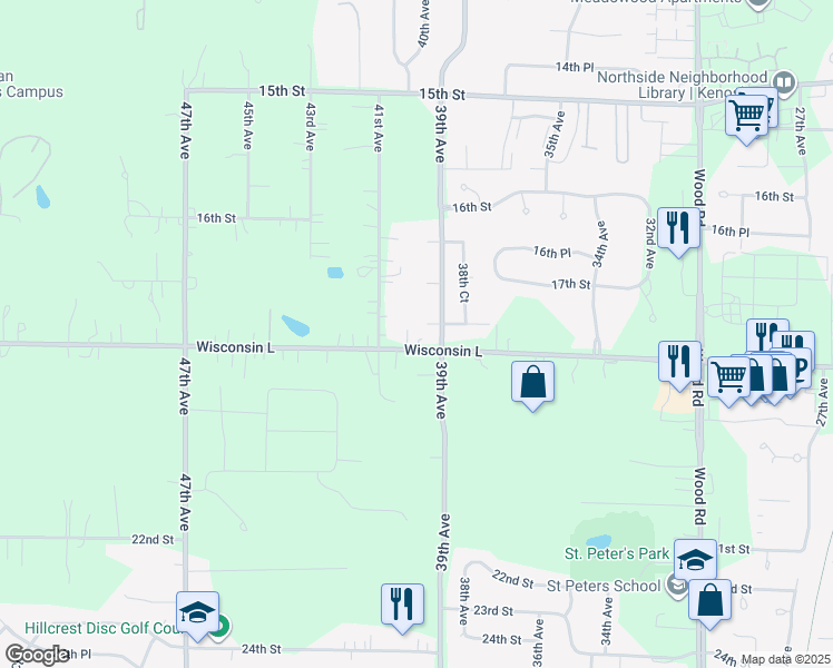 map of restaurants, bars, coffee shops, grocery stores, and more near 3913 17th Place in Kenosha
