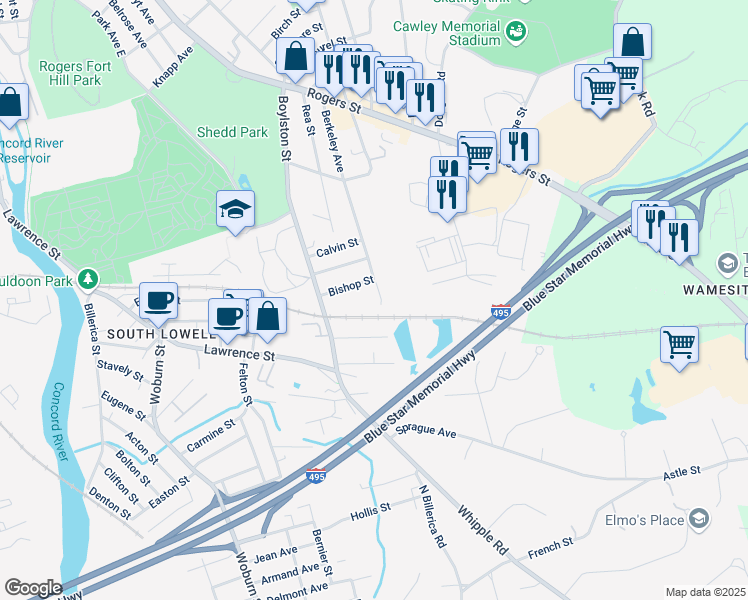 map of restaurants, bars, coffee shops, grocery stores, and more near 29 Bishop Street in Lowell