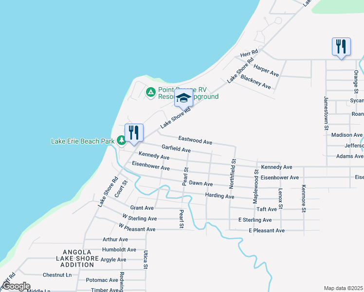 map of restaurants, bars, coffee shops, grocery stores, and more near 258 Garfield Ave in Angola