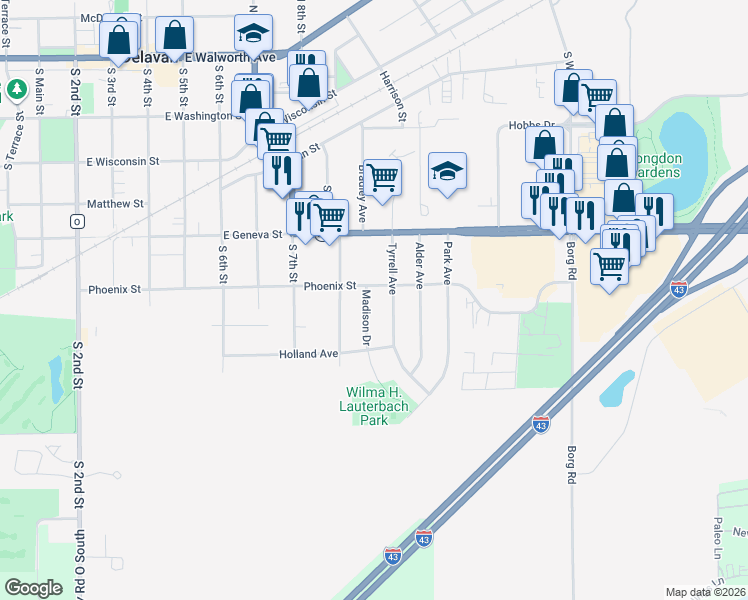 map of restaurants, bars, coffee shops, grocery stores, and more near 608 Tyrrell Avenue in Delavan