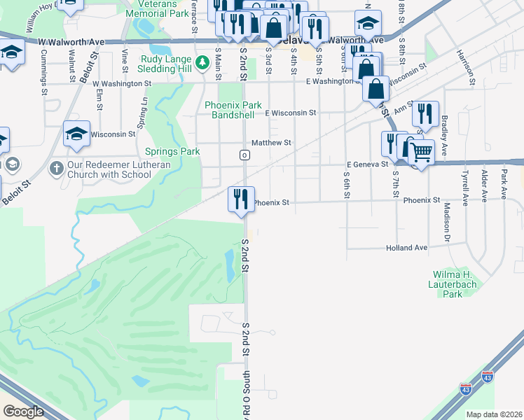 map of restaurants, bars, coffee shops, grocery stores, and more near 220 Phoenix Street in Delavan