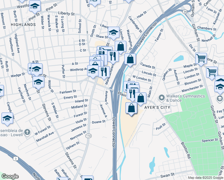map of restaurants, bars, coffee shops, grocery stores, and more near 124 Plain Street in Lowell