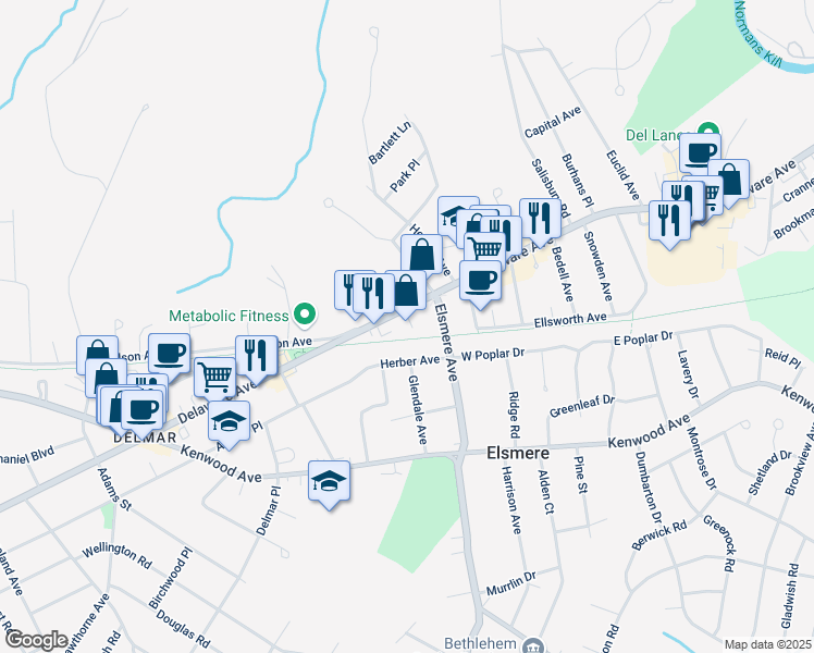 map of restaurants, bars, coffee shops, grocery stores, and more near 266 Delaware Avenue in Delmar