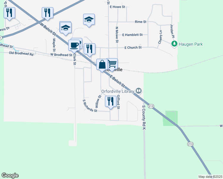 map of restaurants, bars, coffee shops, grocery stores, and more near 208 Dickson Street in Orfordville