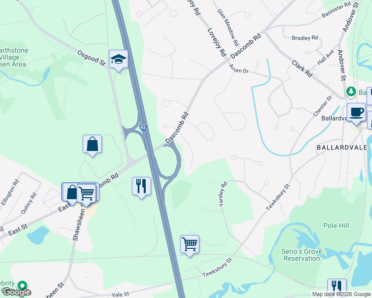map of restaurants, bars, coffee shops, grocery stores, and more near 5 Cardinal Lane in Andover