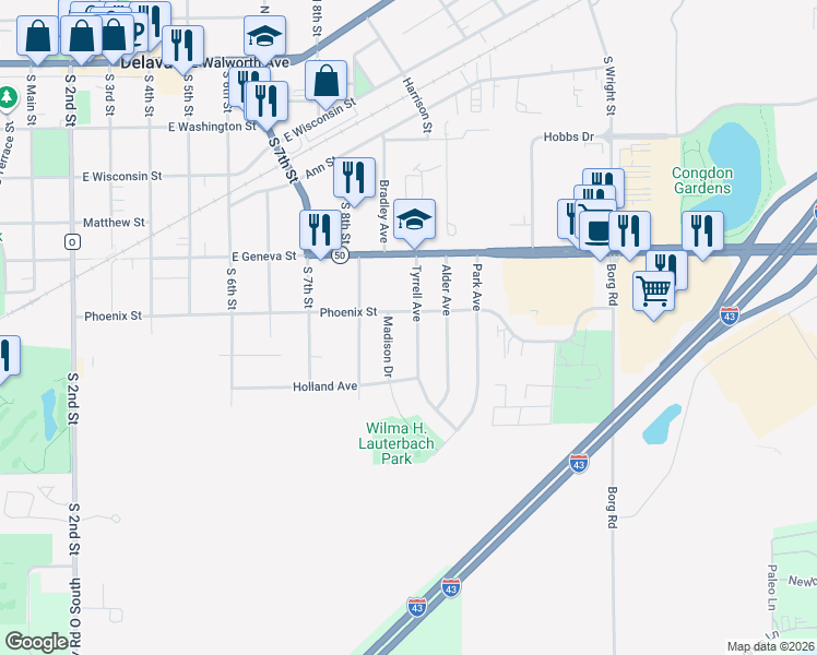 map of restaurants, bars, coffee shops, grocery stores, and more near 608 Tyrrell Avenue in Delavan