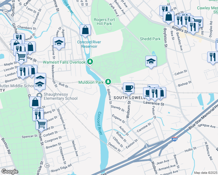 map of restaurants, bars, coffee shops, grocery stores, and more near 10 Billerica Street in Lowell