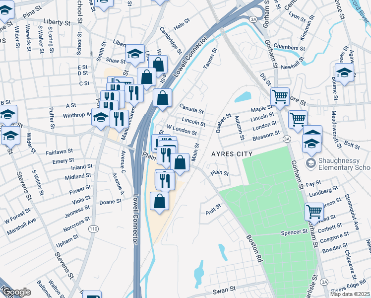 map of restaurants, bars, coffee shops, grocery stores, and more near 250R West Manchester Street in Lowell