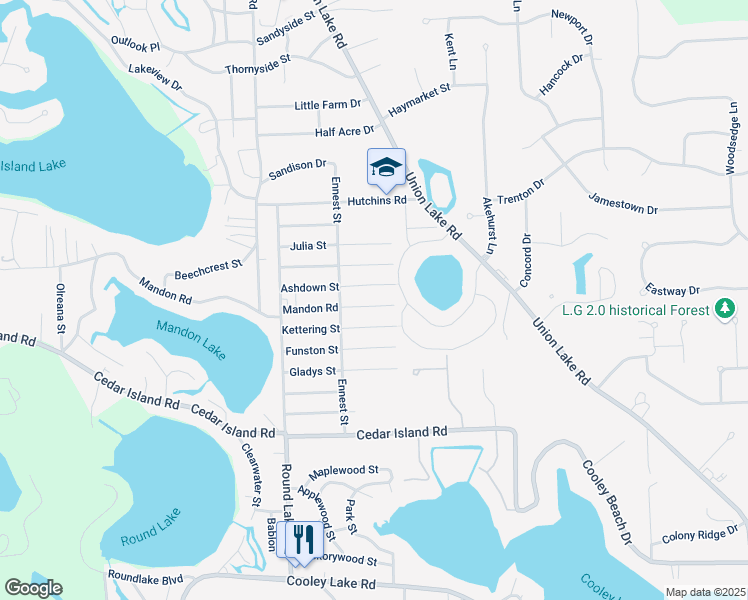 map of restaurants, bars, coffee shops, grocery stores, and more near 9050 Mandon Road in White Lake charter Township