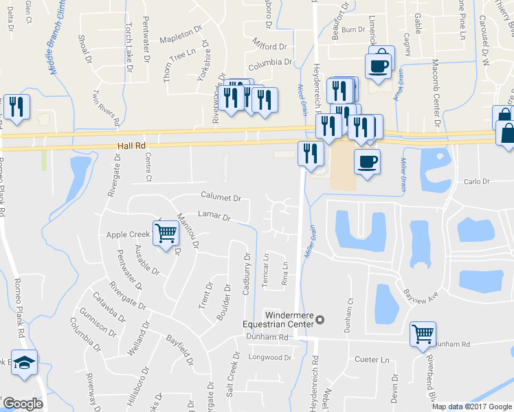 map of restaurants, bars, coffee shops, grocery stores, and more near 20361 Calumet Drive in Charter Township of Clinton