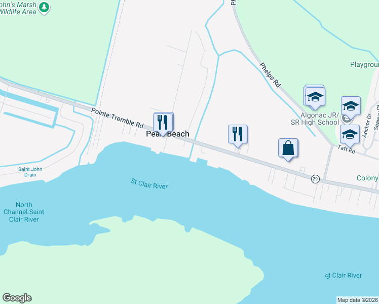 map of restaurants, bars, coffee shops, grocery stores, and more near 5863 Pointe Tremble Road in Pearl Beach
