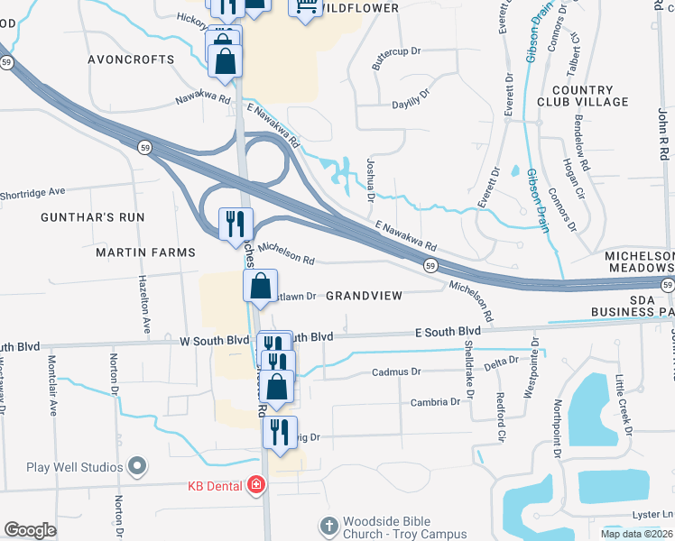 map of restaurants, bars, coffee shops, grocery stores, and more near 220 Michelson Road in Rochester Hills