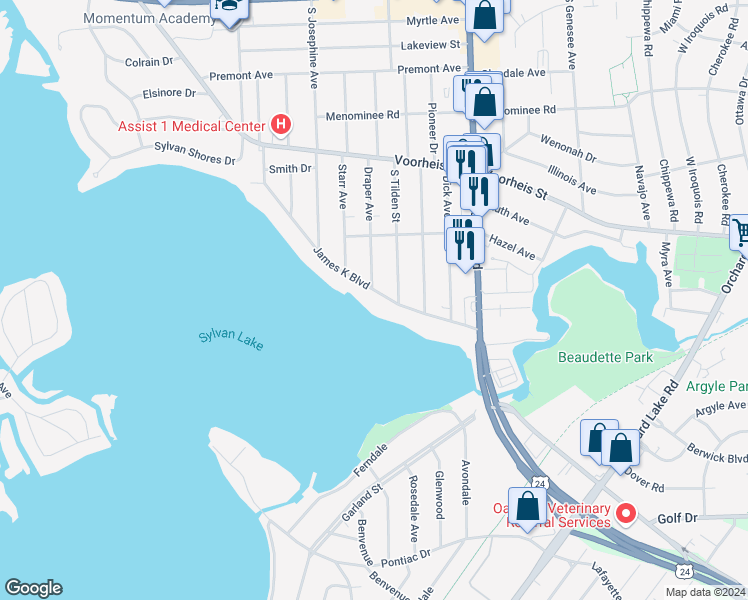 map of restaurants, bars, coffee shops, grocery stores, and more near 999 James K Boulevard in Pontiac