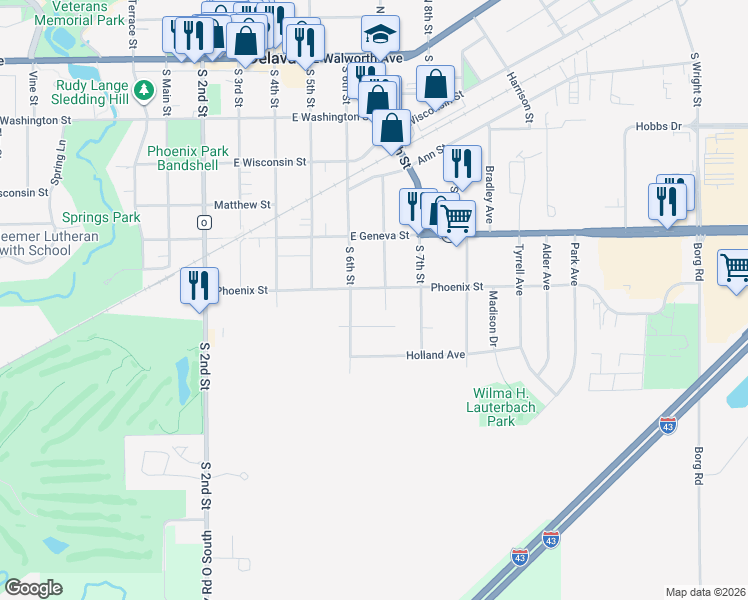 map of restaurants, bars, coffee shops, grocery stores, and more near 604 Herman St in Delavan