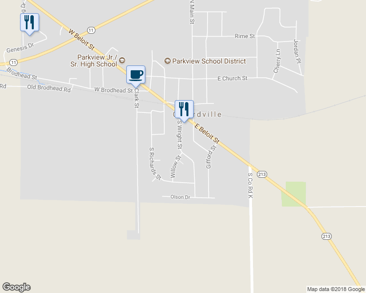 map of restaurants, bars, coffee shops, grocery stores, and more near 205 South Wright Street in Orfordville