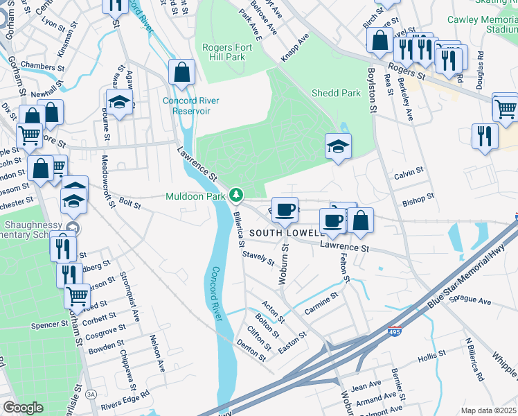 map of restaurants, bars, coffee shops, grocery stores, and more near 1104 Lawrence Street in Lowell