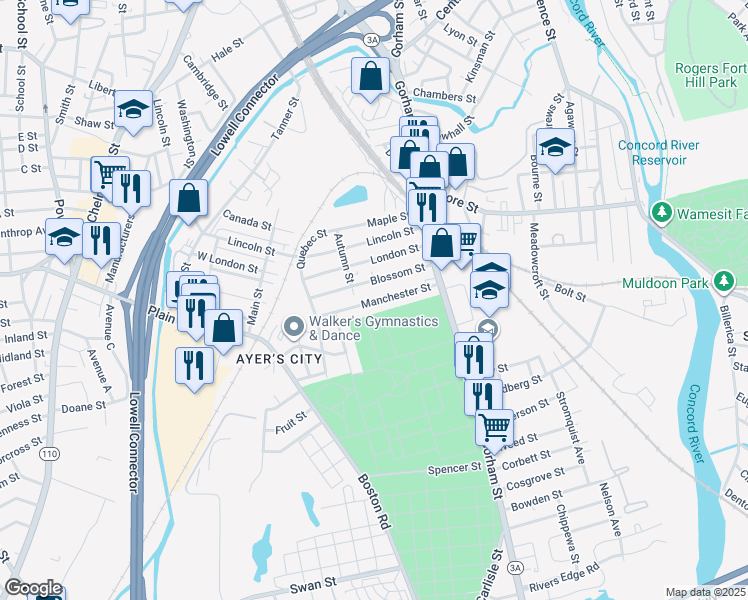 map of restaurants, bars, coffee shops, grocery stores, and more near 75B Manchester Street in Lowell
