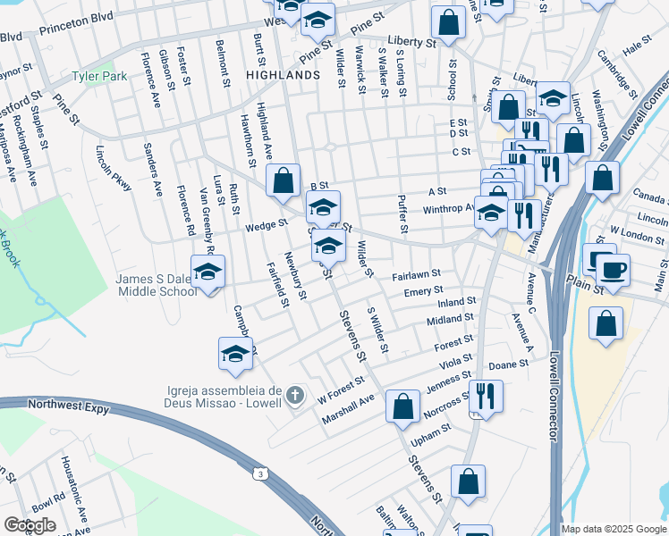 map of restaurants, bars, coffee shops, grocery stores, and more near 530 Stevens Street in Lowell