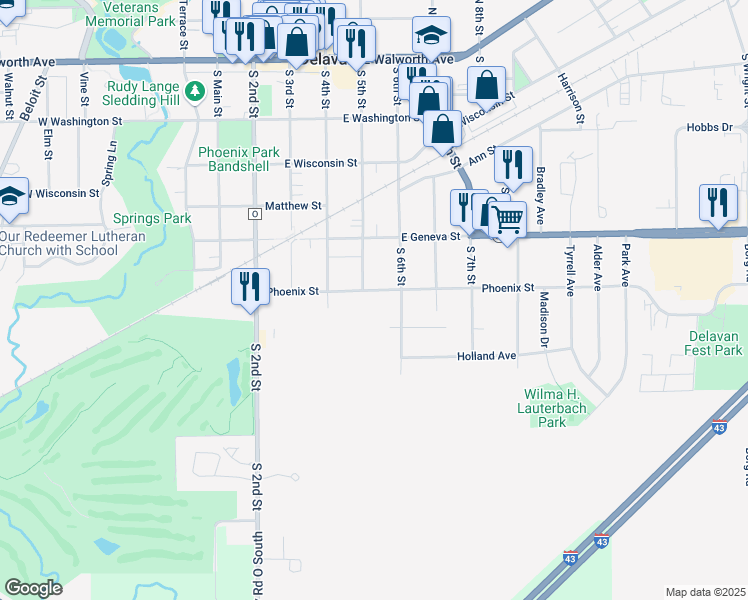 map of restaurants, bars, coffee shops, grocery stores, and more near 520 Phoenix Street in Delavan